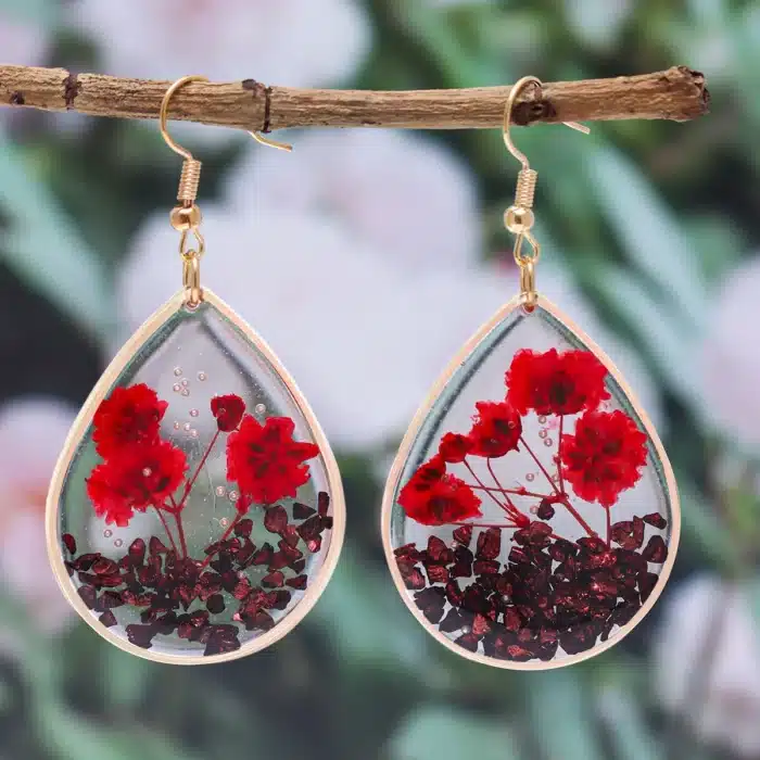 1 paire de boucles d'oreilles en forme de minerai concassé rouge, fleurs séchées faites à la main, gouttes de vraies fleurs, pour dames, travail quotidien, rendez-vous, porter des cadeaux 1