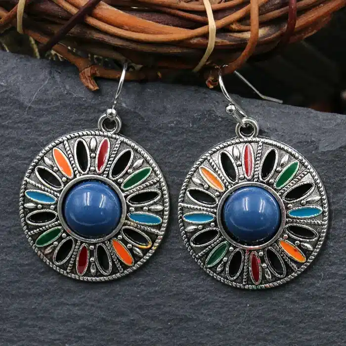 Ethnique Boho coloré émail boucles d'oreilles pour femmes Bomemain rétro fleur creuse ronde géométrique Vintage goutte boucles d'oreilles bijoux 5