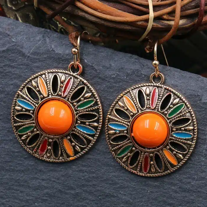 Ethnique Boho coloré émail boucles d'oreilles pour femmes Bomemain rétro fleur creuse ronde géométrique Vintage goutte boucles d'oreilles bijoux 22