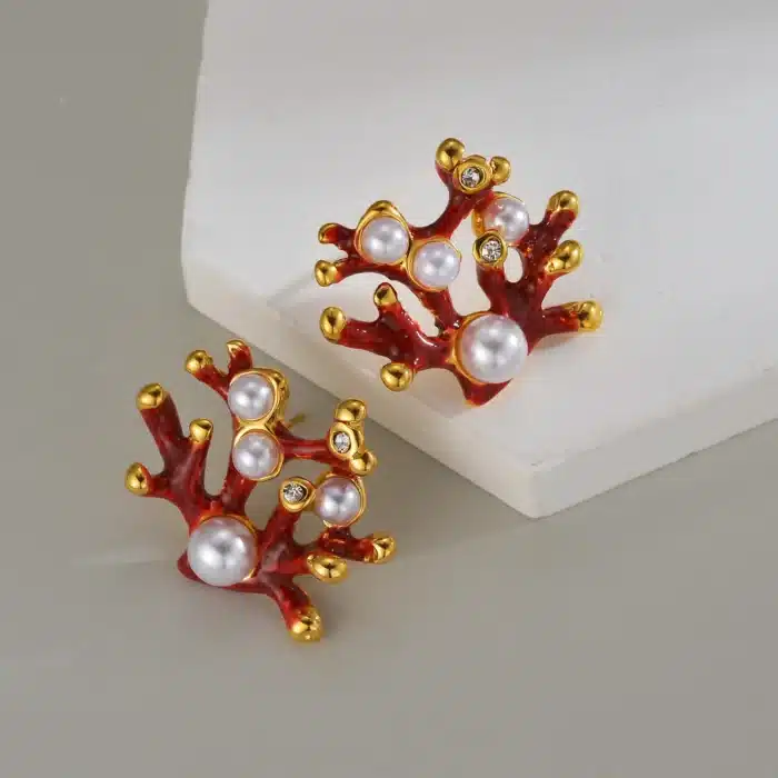 Mode rétro rouge goutte huile corail incrusté Imitation perles zircone boucles d'oreilles pour les femmes en acier inoxydable anniversaire bijoux cadeaux 4