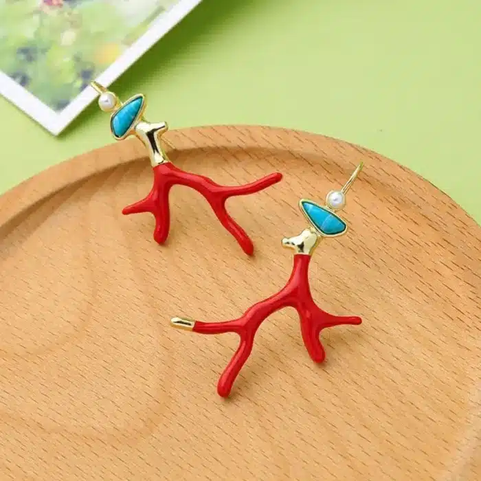 Boucles d'oreilles pendantes en résine acrylique, branche classique, en émail rouge, en bois corail, Ins 5