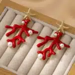 Boucles d'oreilles en corail rouge pour femmes, élégantes, Imitation de perles, étoile de mer, style bohémien, accessoire de bijoux de plage d'été 3