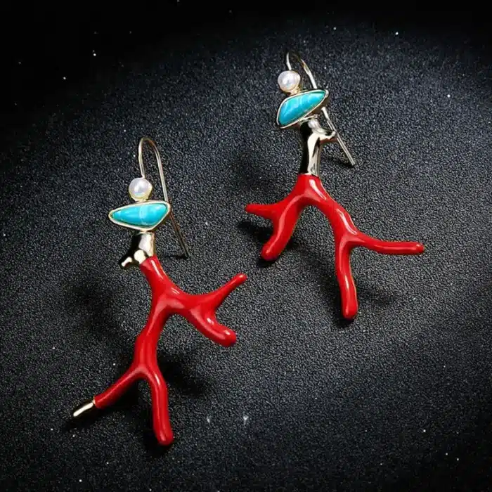 Boucles d'oreilles pendantes en résine acrylique, branche classique, en émail rouge, en bois corail, Ins 4