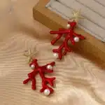 Boucles d'oreilles en corail rouge pour femmes, élégantes, Imitation de perles, étoile de mer, style bohémien, accessoire de bijoux de plage d'été 2
