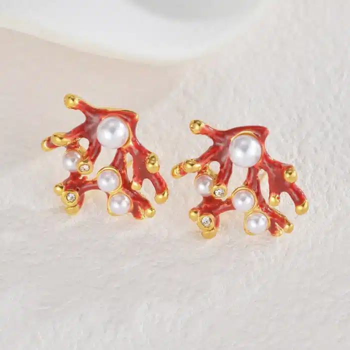 Mode rétro rouge goutte huile corail incrusté Imitation perles zircone boucles d'oreilles pour les femmes en acier inoxydable anniversaire bijoux cadeaux 2
