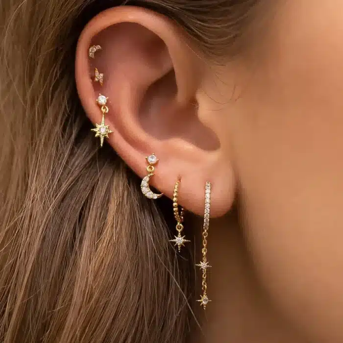 Ensemble de boucles d'oreilles en acier inoxydable pour femmes, chaîne étoile lune, pendentif en zircone cubique, Cartilage, Piercing, bijoux, 6 pièces, nouvelle collection 2