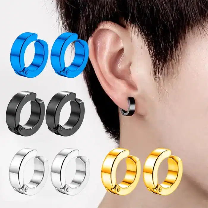 Boucles d'oreilles classiques Punk coréennes en acier inoxydable pour hommes et femmes, 2 pièces, noir, faux cercle d'oreille percé, nouveaux bijoux Pop 3