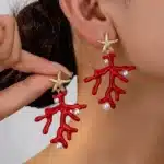 Boucles d'oreilles en corail rouge pour femmes, élégantes, Imitation de perles, étoile de mer, style bohémien, accessoire de bijoux de plage d'été 1
