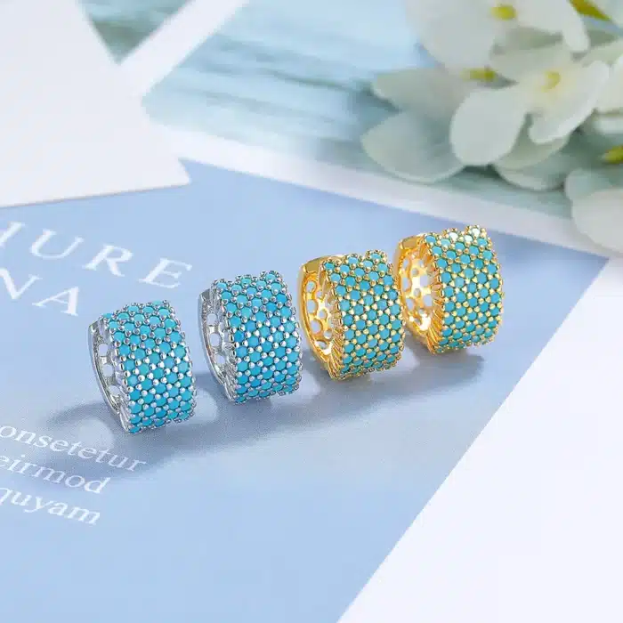 Boucles d'oreilles créoles rondes bleu turquoise simulées pour femmes, or, argent, petit document d'oreille, bijoux de mariage luxueux, cadeau de fiançailles 5