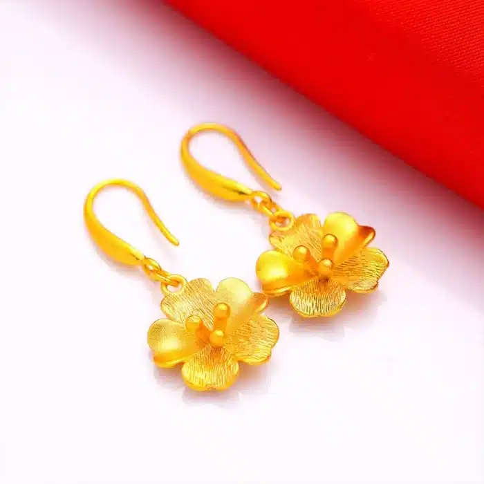 Véritable 18k couleur or fleur longue boucle d'oreille pour les femmes mariée mariage usage quotidien plaqué or boucle d'oreille bijoux cadeaux 4