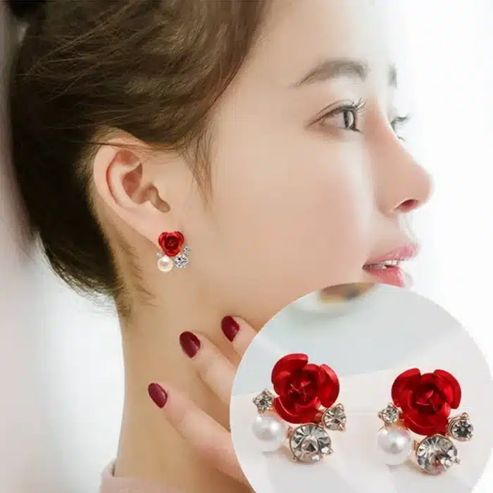 Mode rouge Rose strass boucles d'oreilles pour femmes papillon ange ailes perle fleurs boucle d'oreille mariée mariage fiançailles bijoux 5