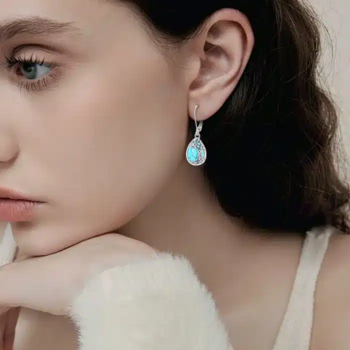 AEONSLOVE 925 boucles d'oreilles arbre de vie Turquoise en argent Sterling pour femmes boucles d'oreilles originales en forme de larme bijoux hypoallergéniques 5
