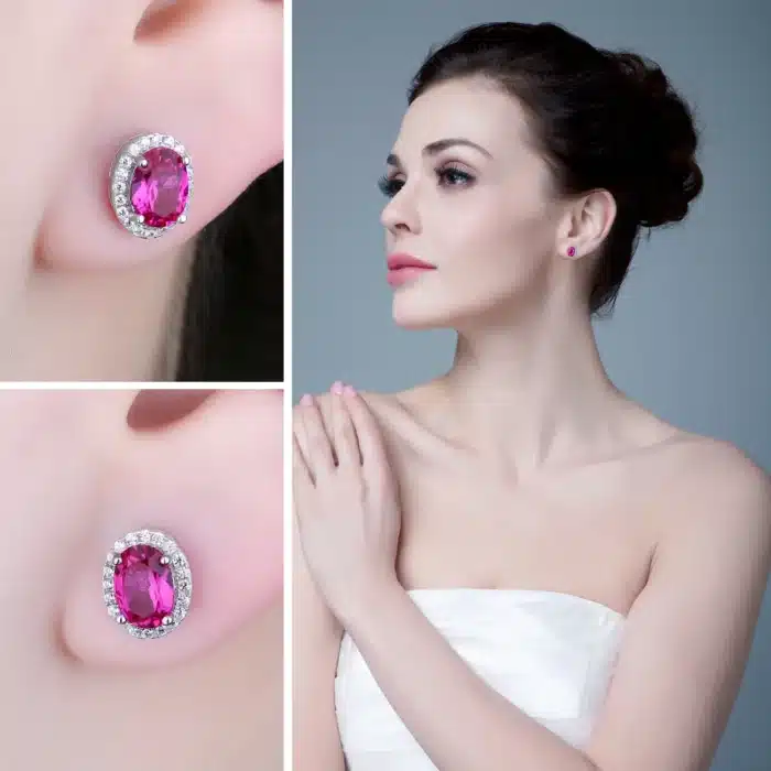 JewelryPalace – boucles d'oreilles ovales en argent Sterling 925, saphir rose créé, pour femmes, bijoux fins en pierres précieuses, cadeau d'anniversaire 3