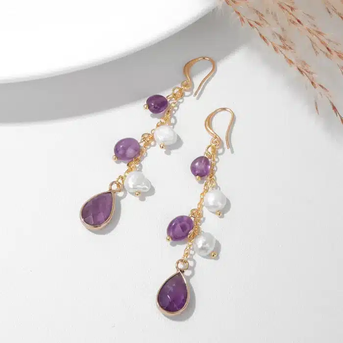 Pierre naturelle longue boucle d'oreille améthyste Lapis Lazuli Agates perle pendentif boucle d'oreille mode fête amitié bijoux cadeau 2