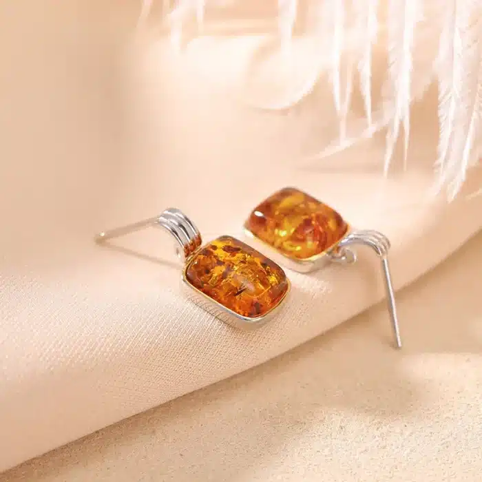 GXGlint 925 argent Sterling ambre pierre boucles d'oreilles naturelles carré ambre boucles d'oreilles 925 rétro boucles d'oreilles Vintage femme bijoux quotidiens 3