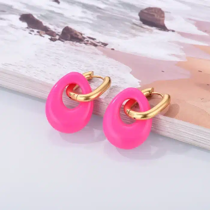 Boucles d'oreilles ovales creuses en résine acrylique pour femmes, pendentif couleur bonbon, couleur or, boucle d'oreille en acier inoxydable, bijoux féminins, nouvelle collection 16