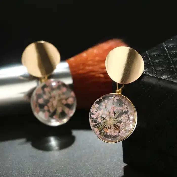 Boucles d'oreilles de mariage en fleurs séchées, bijoux à la mode, boule transparente, couleur or, paillettes, suspendues pour femmes 3