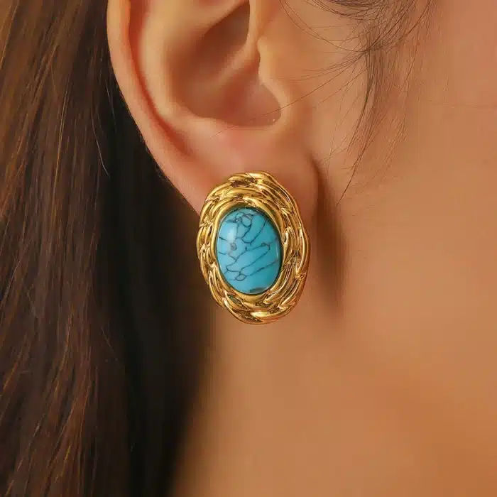 DIEYURO 316L acier inoxydable doré tissé ovale incrusté Turquoise boucle d'oreille pour les femmes nouvelle tendance mode oreille boucle bijoux cadeau 5