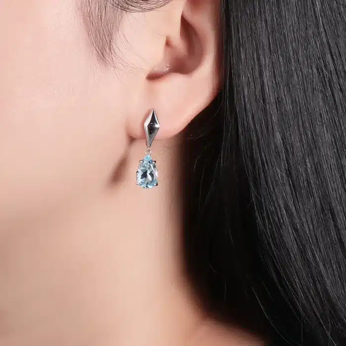 Boucles d'oreilles en topaze bleu ciel naturel pour femme, bijoux fins en argent regardé 925, design en forme de goutte, tenue quotidienne, 1 paire 4