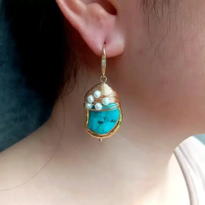 YYGEM-Boucles d'Oreilles Bleu Turquoise Perle de Culture Blanche Plaquée Or, Crochet Torsadé, Bijoux en Pierre, 21x27mm 4