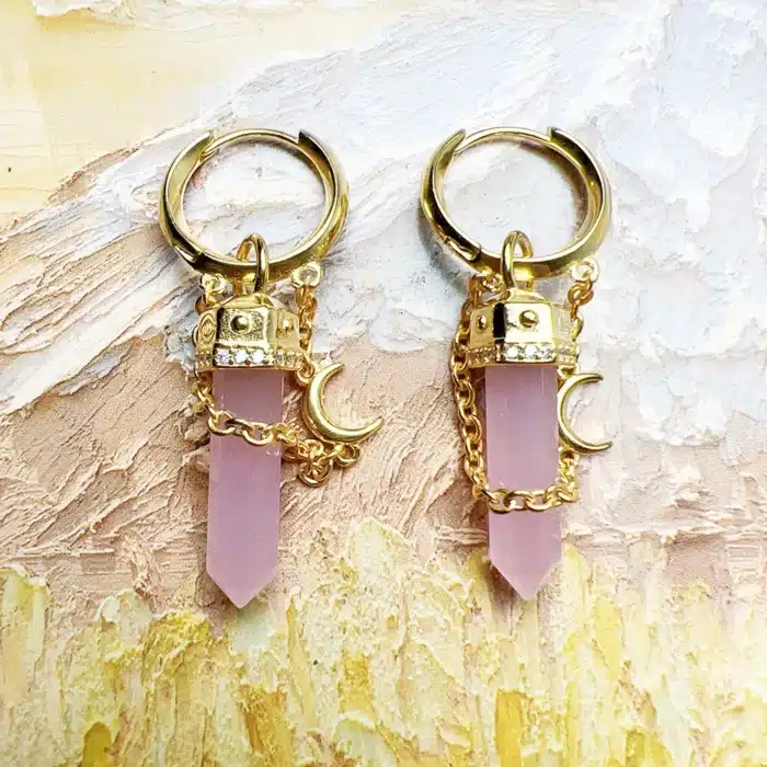 Boucles d'oreilles créoles plaquées or, lune, Quartz Rose, bijoux fins européens pour femmes, cadeau Vintage en argent Sterling 925 véritable 4