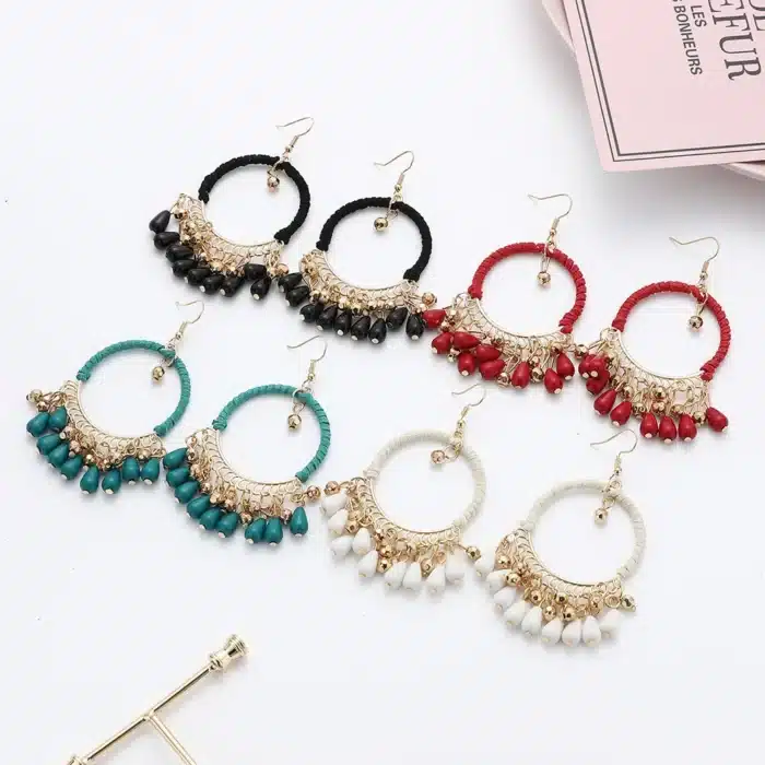 Boucles d'oreilles ethniques rondes tressées pour femmes, style bohème rétro, glands, goutte d'oreille, bijoux, accessoires de fête, nouvelle collection 2