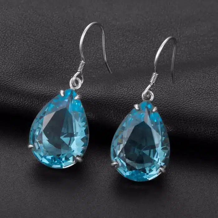 Boucles d'oreilles ethniques longues pendantes pour femmes, créées en pierre aigue-marine, faites à la main, bijoux en argent 925, gouttes d'oreille 3