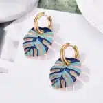 Boucles d'oreilles colorées en acier inoxydable pour femmes, grande feuille, couleur or, bijoux Vintage, boucles d'oreilles rondes en émail 4