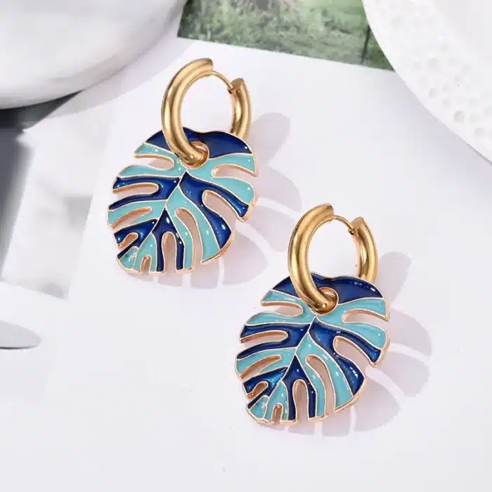 Boucles d'oreilles colorées en acier inoxydable pour femmes, grande feuille, couleur or, bijoux Vintage, boucles d'oreilles rondes en émail 4