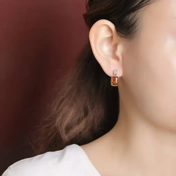 GXGlint 925 argent Sterling ambre pierre boucles d'oreilles naturelles carré ambre boucles d'oreilles 925 rétro boucles d'oreilles Vintage femme bijoux quotidiens 4