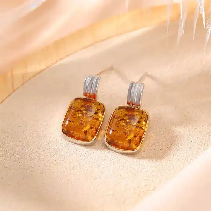 GXGlint 925 argent Sterling ambre pierre boucles d'oreilles naturelles carré ambre boucles d'oreilles 925 rétro boucles d'oreilles Vintage femme bijoux quotidiens 1