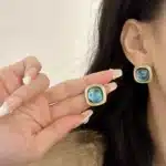 Clips d'oreille géométriques en verre rétro vintage français pour femmes, petit clip carré glacé, pierre bleue, boucles d'oreilles sans piercing, fête 5