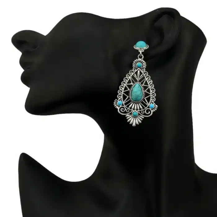 Boho ethnique Vintage Imitation Turquoise boucles d'oreilles pour femmes creux bohème goutte d'eau alliage déclaration boucles d'oreilles 5
