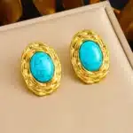 DIEYURO 316L acier inoxydable doré tissé ovale incrusté Turquoise boucle d'oreille pour les femmes nouvelle tendance mode oreille boucle bijoux cadeau 6