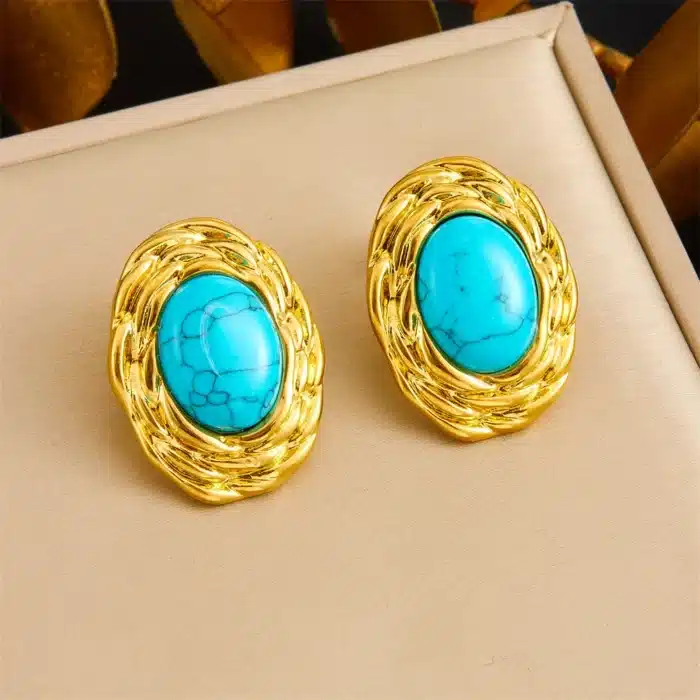DIEYURO 316L acier inoxydable doré tissé ovale incrusté Turquoise boucle d'oreille pour les femmes nouvelle tendance mode oreille boucle bijoux cadeau 6