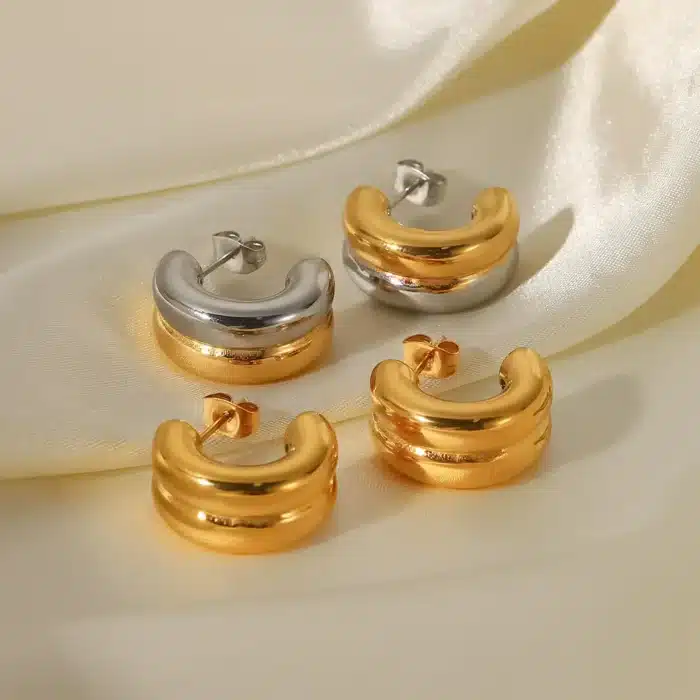 Boucles d'oreilles minimalistes en forme de C pour femmes, Double couche, en acier inoxydable, plaqué or 18 carats, Piercing circulaire bicolore 5