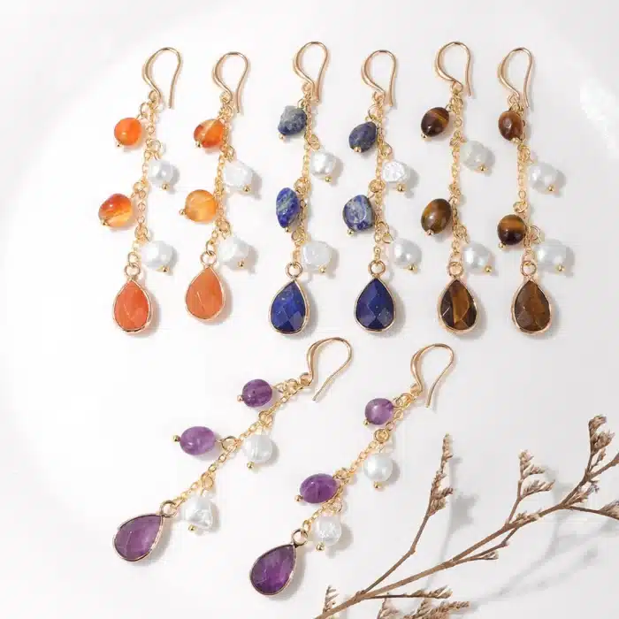 Pierre naturelle longue boucle d'oreille améthyste Lapis Lazuli Agates perle pendentif boucle d'oreille mode fête amitié bijoux cadeau 1