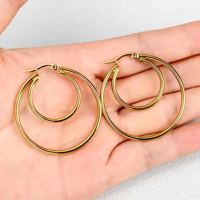 Boucles d'oreilles créoles grand cercle pour femme, boucle d'oreille ronde géométrique en métal exagéré, acier inoxydable carillon, document doré, cadeau bijoux, 2023 4