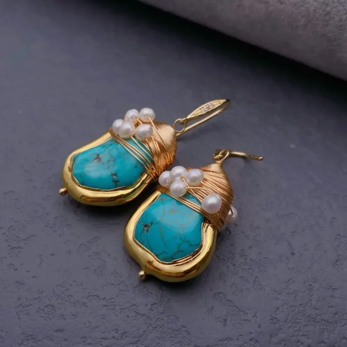 YYGEM-Boucles d'Oreilles Bleu Turquoise Perle de Culture Blanche Plaquée Or, Crochet Torsadé, Bijoux en Pierre, 21x27mm 6