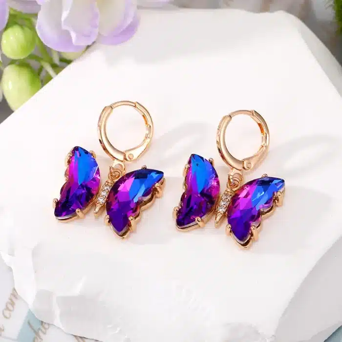 Boucles d'oreilles en cristal pour femmes, couleur or, papillon, Animal, arc-en-ciel Transparent, Zircon, cercle d'insecte, bijoux de mariage 9