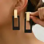 Boucles d'oreilles rectangulaires noires simples en métal pour femmes, boucles d'oreilles longues Vintage en or Non percées, bijoux cadeaux de vacances quotidiens 3