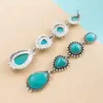 Boucles d'oreilles géométriques longues incrustées de turquoise, boucles d'oreilles goutte d'eau, personnalité exagérée, rétro européen et américain, nouveau 4