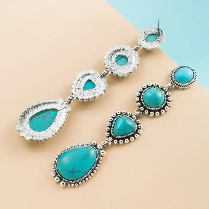 Boucles d'oreilles géométriques longues incrustées de turquoise, boucles d'oreilles goutte d'eau, personnalité exagérée, rétro européen et américain, nouveau 4