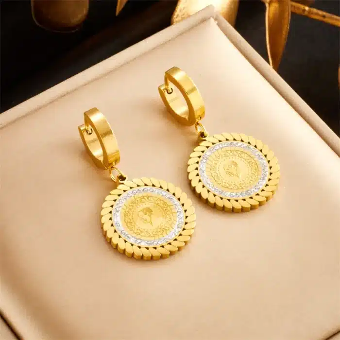 XIYANIKE-Boucles d'Oreilles Dorées en Acier Inoxydable SION L, Pendentif Portrait Rond, Accessoires Chics pour Femmes, Nouvelle Arrivée, Bijoux Cadeaux 14