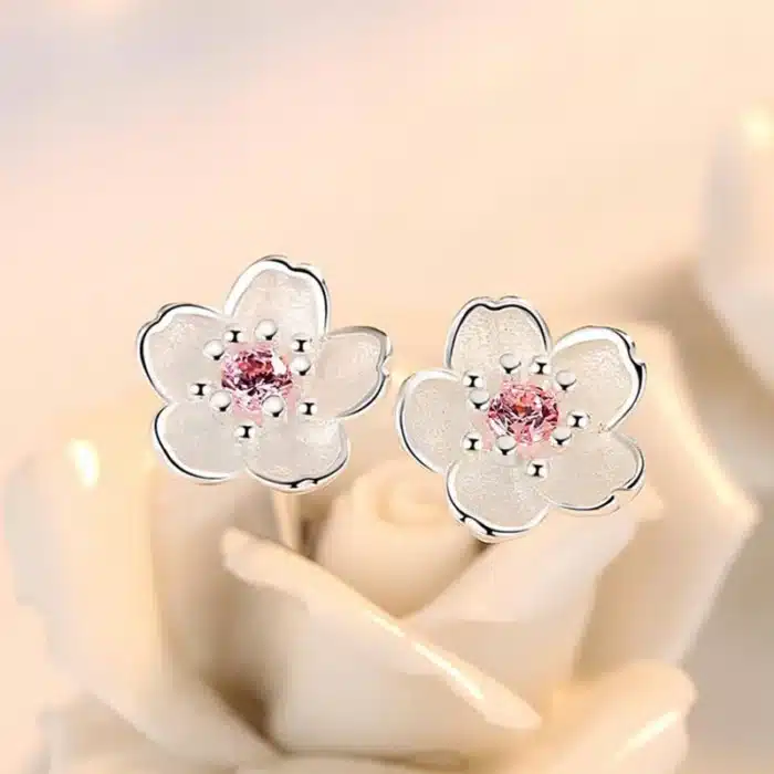 Boucles d'oreilles en argent Sterling 925, bijoux en fleur de cerisier incrustée de zircone rose, boucles d'oreilles simples et populaires pour femmes 10
