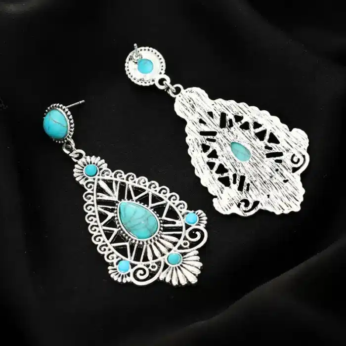 Boho ethnique Vintage Imitation Turquoise boucles d'oreilles pour femmes creux bohème goutte d'eau alliage déclaration boucles d'oreilles 3