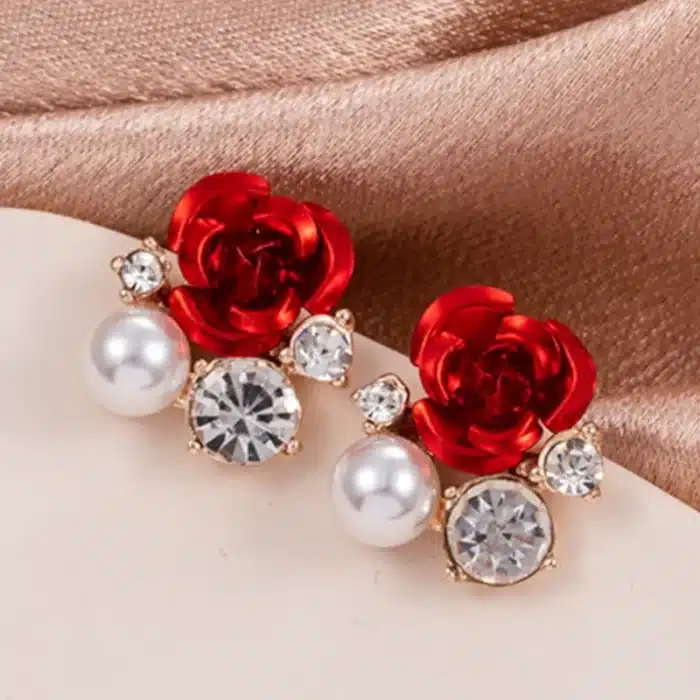 Mode rouge Rose strass boucles d'oreilles pour femmes papillon ange ailes perle fleurs boucle d'oreille mariée mariage fiançailles bijoux 12
