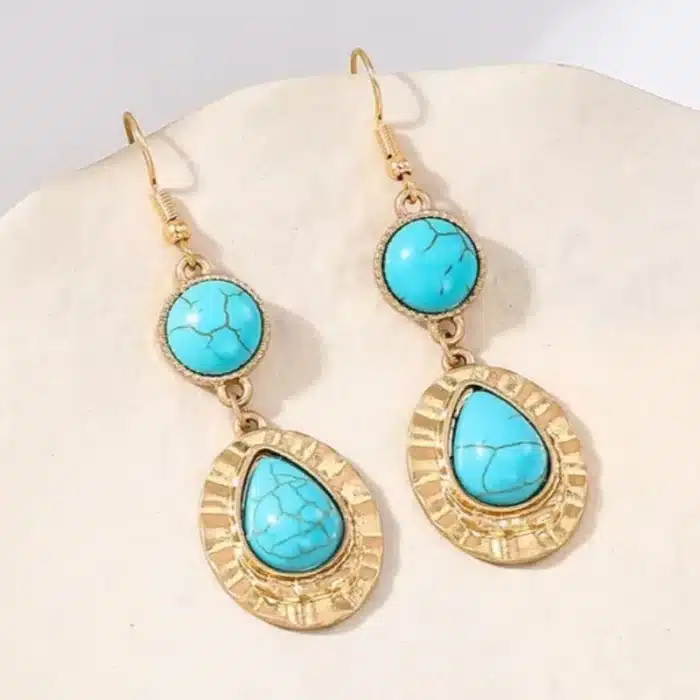 Boucles d'oreilles longues pour femmes, pendentif goutte d'eau en métal rétro, Turquoise, cadeau de fête de vacances, bijoux à la mode OL AE170-1 3