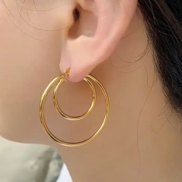 Boucles d'oreilles créoles grand cercle pour femme, boucle d'oreille ronde géométrique en métal exagéré, acier inoxydable carillon, document doré, cadeau bijoux, 2023 2