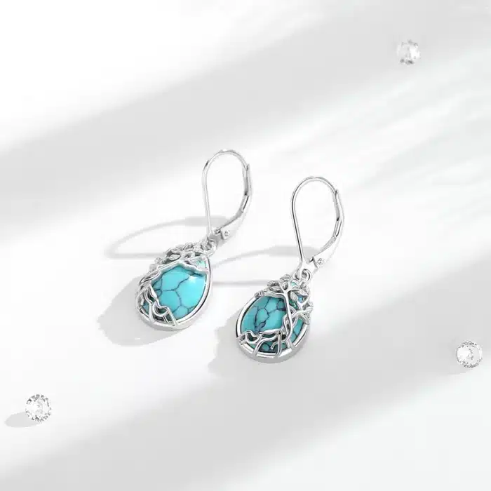 AEONSLOVE 925 boucles d'oreilles arbre de vie Turquoise en argent Sterling pour femmes boucles d'oreilles originales en forme de larme bijoux hypoallergéniques 3